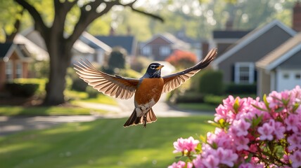 A robin bird gracefully taking flight amidst a charming suburban setting, captured in a stunning outdoor shot
