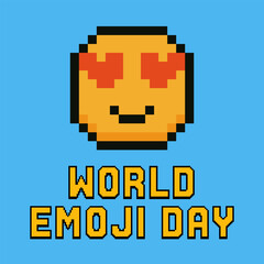 Retro pixel art poster for World Emoji Day. Features a cool smiling emoji face wearing sunglasses with bold 8 bit style yellow text on a bright blue background. Perfect for digital celebration, online