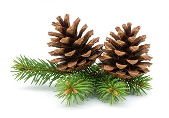 Fototapeta premium Two pine cones on fir branch isolated on white background