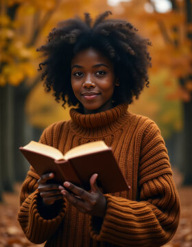 Simp&aacute;tica mujer de afroamericana disfruta de la lectura de un buen libro.