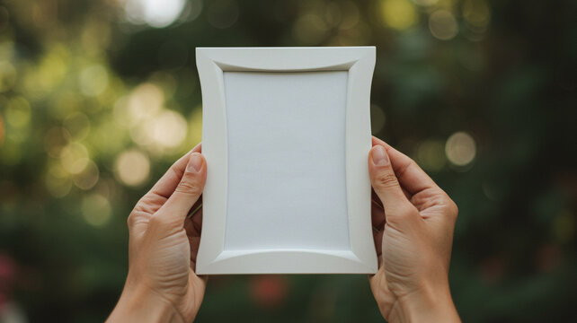 Hands hold a white vertical picture frame mockup with blank space. A blurred green foliage background suggests an outdoor or garden setting.
