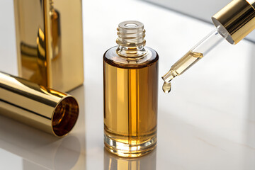Golden serum bottle with dropper luxury cosmetic product for skincare beauty and wellness 