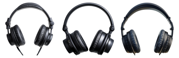 Varied Black Headphones Showcasing Different Styles and Designs Isolated Transparent Background