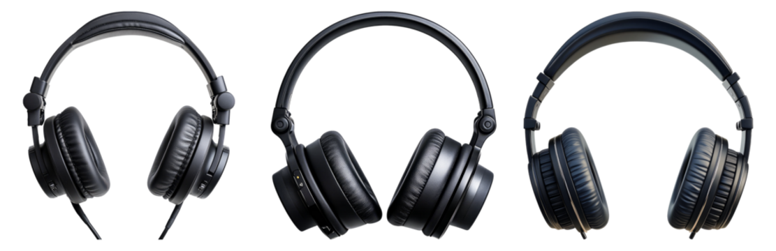 Varied Black Headphones Showcasing Different Styles and Designs Isolated Transparent Background