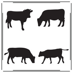 Cow Silhouette Vector Collection – Grazing and Walking Cows in Farm Animal Poses, Black Livestock Icons for Agriculture, Dairy, Pasture Scene, Rural Life, and Farm Design Elements

