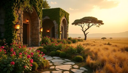 Stone Cottage with Flower Garden and African Savanna Sunset