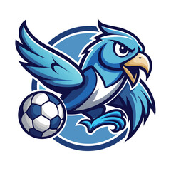 Fototapeta premium Falcon mascot in mid-dive grasping a soccer ball as it takes flight against a vibrant blue background