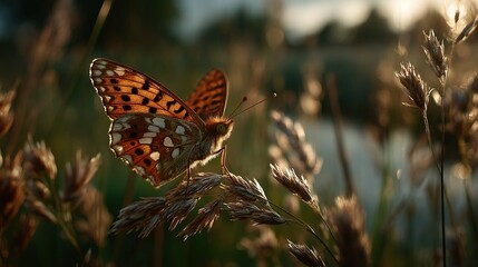   A close-up of a butterfly on a plant with a body of water in the background