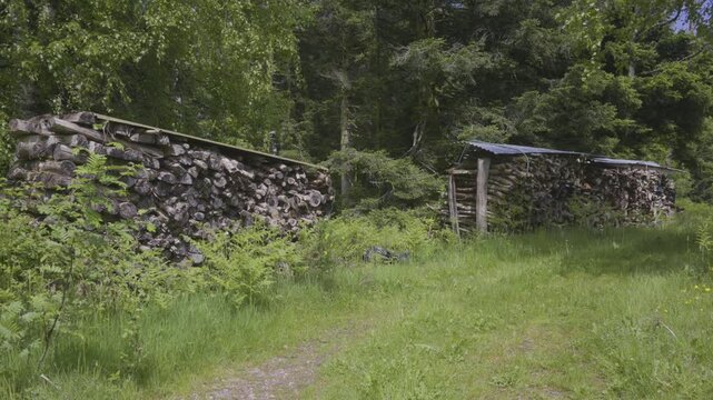 Tas de bois de chauffage empil&eacute;s au bord d'un chemin de montagne