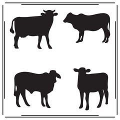 Cow and Bull Silhouette Vector Set – Farm Animal Icons in Standing Poses, Black Livestock Outlines for Agriculture, Dairy, Ranch, Butcher Labels, and Country-Themed Design

