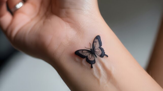 An elegant butterfly tattoo adorns a wrist, exuding delicate beauty and artistic flair. The tattoo captures fine details, creating a captivating display