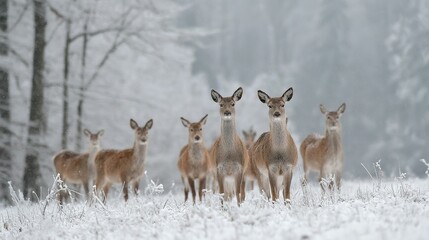   A pack of deer stand together on a snowy field adjacent to a dense forest