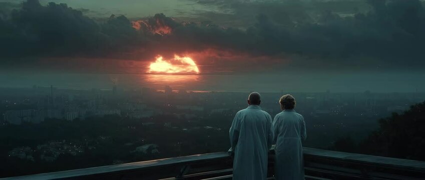 Wide shot pulling back over two doctors on a rooftop watching a glowing red-orange sun on the horizon as night falls over a sprawling city
