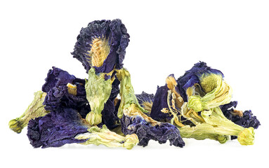 Organic blue Anchan tea isolated on a white background, herbal tea. Dried butterfly pea flower.