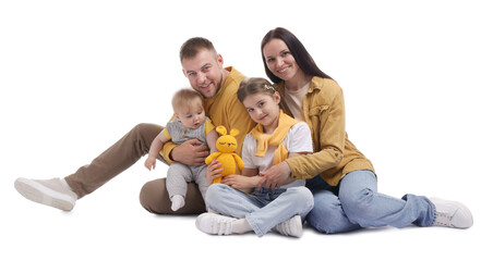 Happy parents and their kids on white background