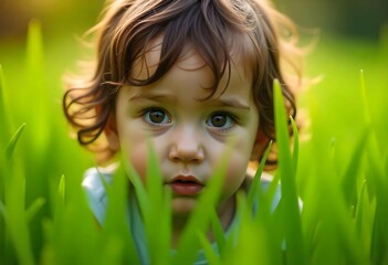 Realistic close-up of a child’s face peeking through tall green grass — expression of curiosity and wonder, natural lighting, shallow depth of field, high-resolution, perfect for themes of nature