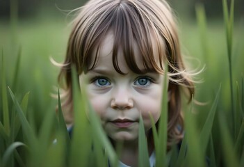 Realistic close-up of a child’s face peeking through tall green grass — expression of curiosity and wonder, natural lighting, shallow depth of field, high-resolution, perfect for themes of nature