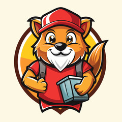 Food delivery service mascot design featuring a cheerful fox character in a red shirt and cap, holding a delivery box against a warm backdrop