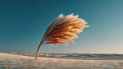  A plant atop a sand dune billows in the wind under a clear blue sky on a sunny day