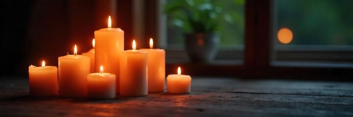 Cozy ambiance created by multiple candles of varying heights and sizes, casting a warm glow on a dark wooden surface , stillness, lighting