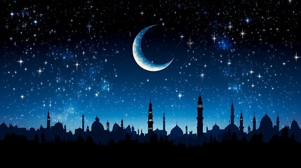 Naklejka premium Silhouettes of ancient city at night under stars and crescent moon