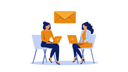 Two women working on laptops with an envelope icon above them