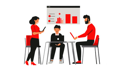 Three stylized professionals collaborating with laptops and a data chart display