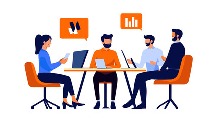 Four business people in a meeting with laptops and speech bubbles