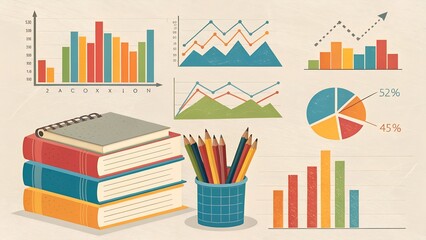 Colorful charts graphs data analysis education books pencils