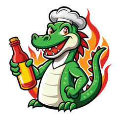 Obraz premium Crocodile mascot in chef hat holding hot sauce bottle stands ready to spice up a culinary adventure at a lively street festival in the heart of the city
