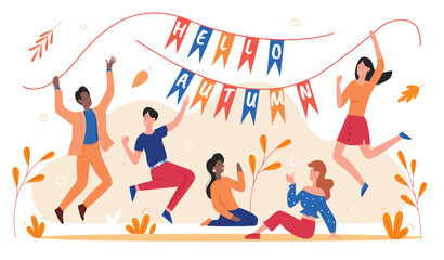 Autumn celebration vector illustration. Cartoon flat man woman young excited characters holding flags with Hello autumn text, happy friend people celebrating start of fall season isolated on white
