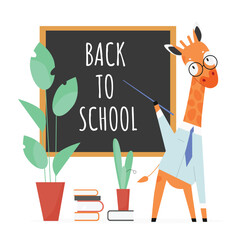 Back to school concept vector illustration. Cartoon flat giraffe teacher character with pointer and glasses standing at school blackboard, teaching animal students, education concept isolated on white © Flash Vector