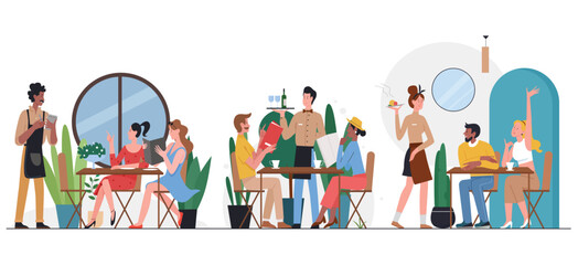 People in cafe flat vector illustration. Cartoon friend or couple characters sitting at tables, dining and talking, ordering dinner food from waiter in restaurant cafeteria interior isolated on white