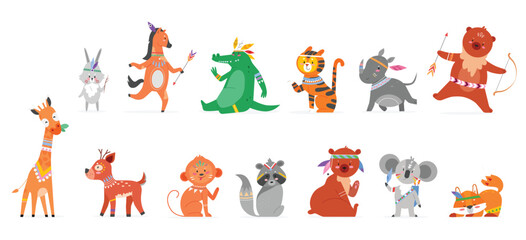 Fototapeta premium Cartoon tribal animal flat vector illustration set. Funny animalistic boho wildlife collection with cute wild forest tribe of monkey hare rhino teddy bear giraffe deer raccoon fox isolated on white
