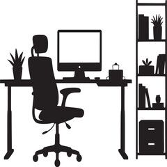 Silhouette of desk with computer chair and bookshelf against white background