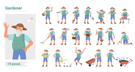 Gardener working poses infographic vector illustration set. Cartoon flat elderly bearded man worker farmer character planting and harvesting in different postures, farm garden work isolated on white