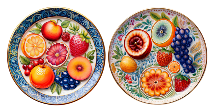 Vibrant Hand-Painted Fruit Plates with Colorful Designs and Details, PNG bundle collection, Isolated on Transparent Background - Powered by Adobe