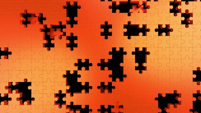 Falling jigsaw puzzle pieces 3D animation can be used in teamwork promos and problem-solving. The motion suggests creativity, collaboration and strategic thinking or brainstorming sessions