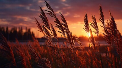   Sun descends over water, tall grass foreground, tree background