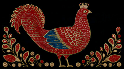 Obraz premium Palekh Inspired Red Bird Design Crowned Fowl Black Backdrop Traditional Russian Art Decorative Illustration Exotic Bird Vector Graphic 