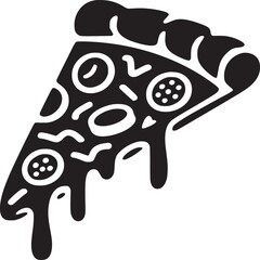 A stylized black and white graphic illustration of a pizza slice dripping