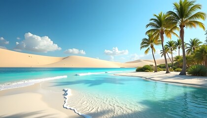Tropical Beach Landscape with Palm Trees Clear Water and Sand Dunes