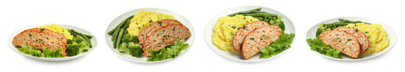 Delicious baked turkey meatloaf, mashed potato and vegetables isolated on white, set