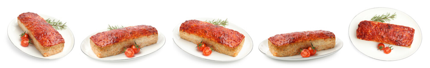 Delicious baked meatloaf isolated on white, set. Top and side view