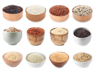 Brown rice and other types of rice in bowls isolated on white, set