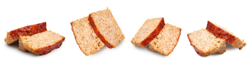 Slices of delicious baked meatloaf isolated on white, set. Top and side view