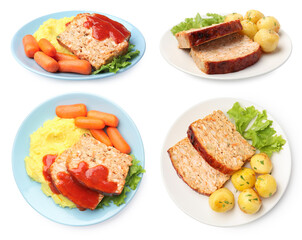 Cooked dishes with baked meatloaf isolated on white, set. Top and side view