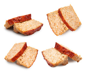 Slices of delicious baked meatloaf isolated on white, set. Top and side view
