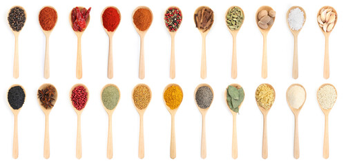 Different aromatic spices in wooden spoons on white background, set. Top view