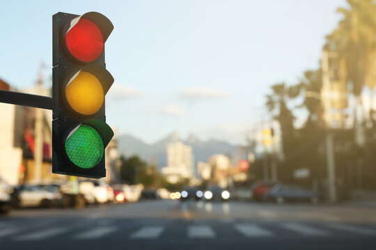 Fototapeta Traffic lights on city road. Signaling device